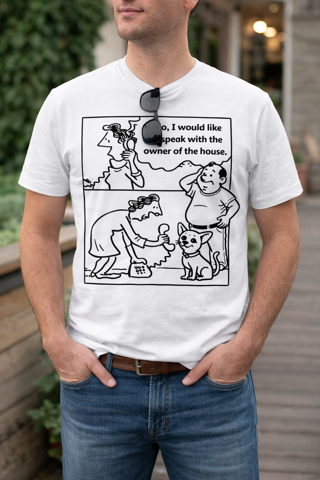 Comic Panel T‑Shirt — “Hello, I would like to speak with the owner of the house.”