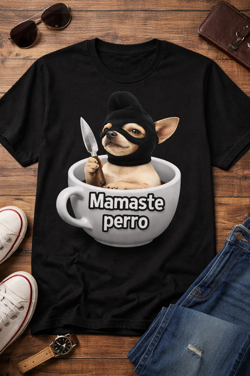 Mamaste Perro Tee — Funny Chihuahua in Tea Cup Graphic T-Shirt