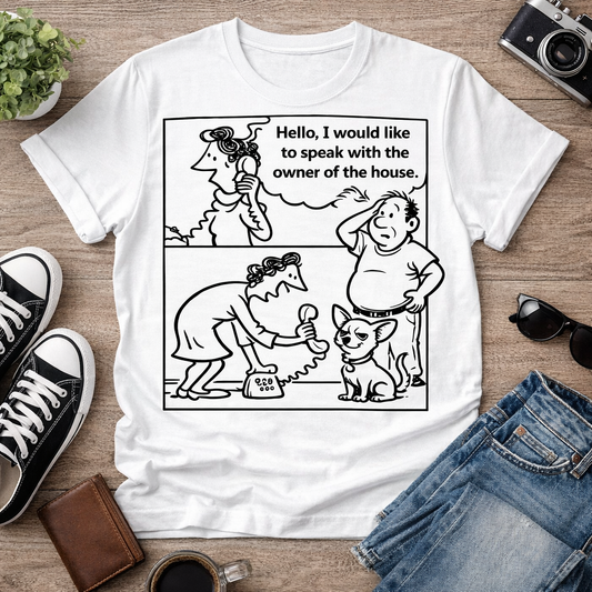 Comic Panel T‑Shirt — “Hello, I would like to speak with the owner of the house.”