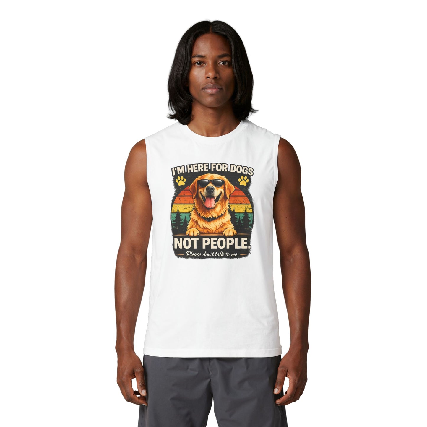 Dog Lover Muscle Tank — "I'm Here for Dogs, Not People" Vintage Golden Retriever Tank Top