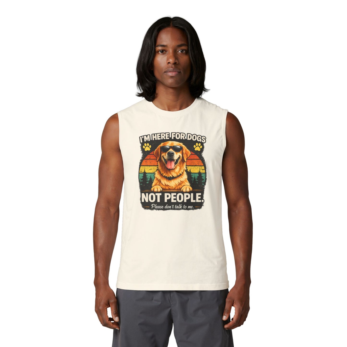 Dog Lover Muscle Tank — "I'm Here for Dogs, Not People" Vintage Golden Retriever Tank Top